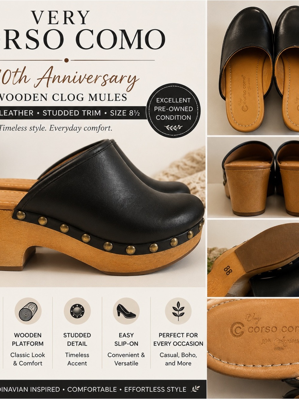 Corso Como Black Leather Studded Wooden Clog Mules